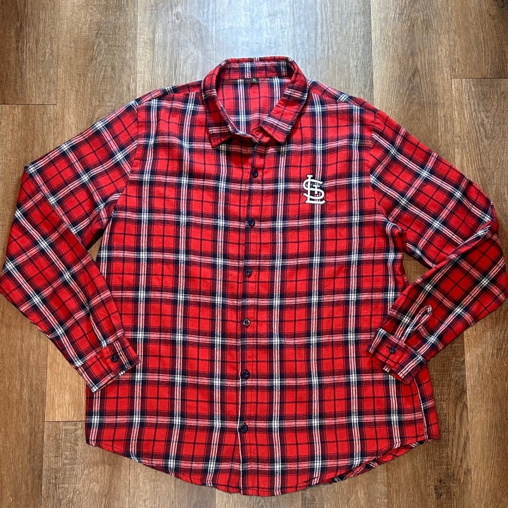 BDA Sports St Louis Cardinals Flannel Shirt Mens XL Red Plaid Equifax Logo